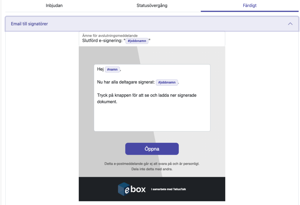 TellusTalk signera appen i Toolbox för meddelandemallen för färdiga jobb.